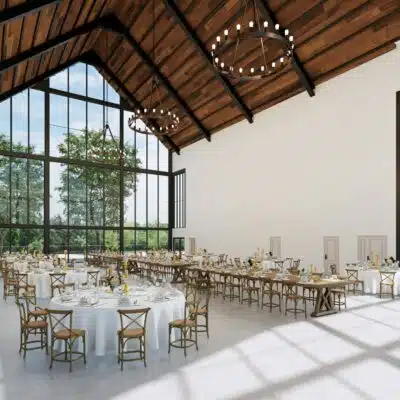 Conceptual photo of indoor reception set-up in the Atrium at the Stone House at Silver Creek